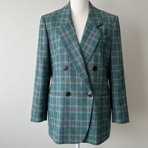 Jones New York Vintage Wool Plaid Blazer Teal Check Double Breasted Size 8 USA